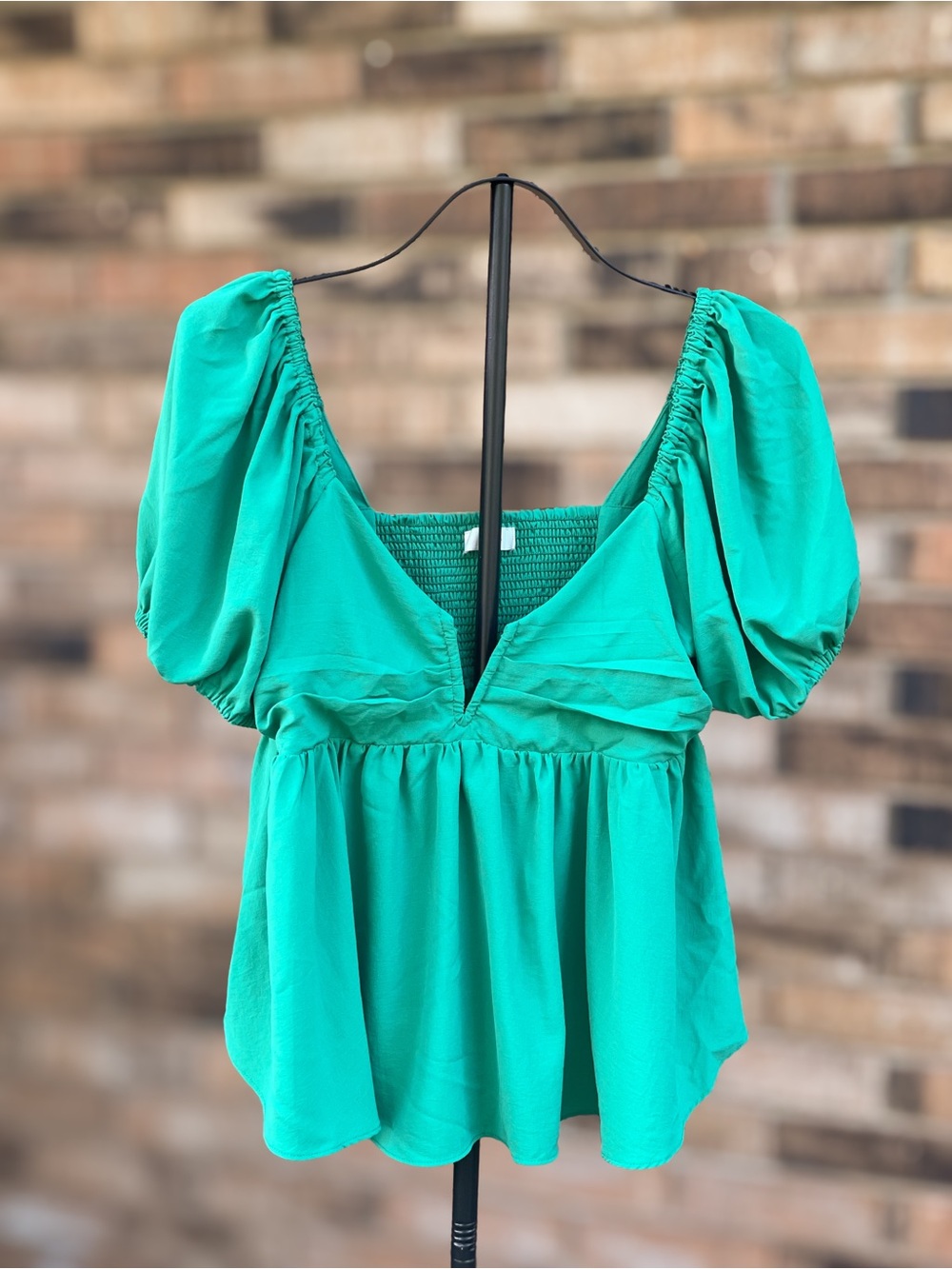 Entro Large Green Smocked Babydoll Blouse Puff Sleeve V Neck